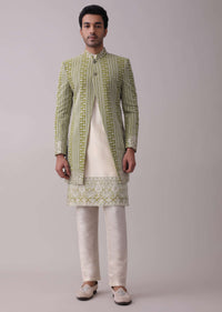 Olive Green Sherwani Set In Silk With Lucknowi Embroidery And Sequins Work