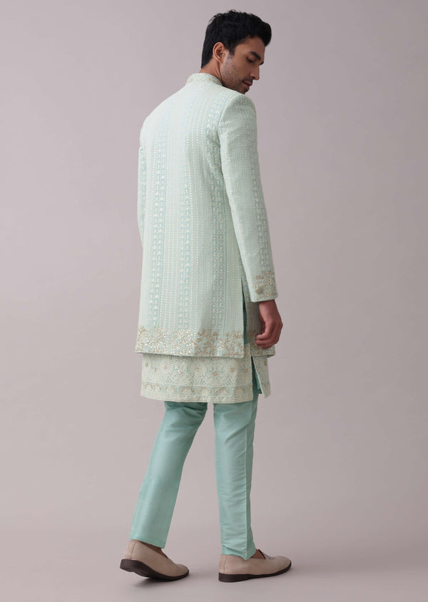 Pista Green Lucknowi Embroidered Sherwani Kurta Set In Silk