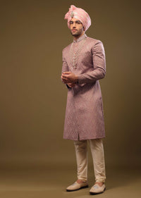 Dusty Pink Purple Thread Embroidered Sherwani Set In Silk