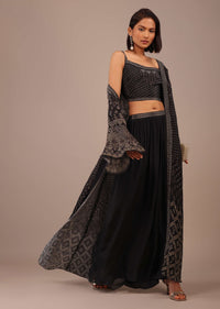 Black Printed Palazzo Suit With Stone Work In Crepe