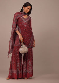 Brick Red Printed Sharara Suit With Stonework In Crepe