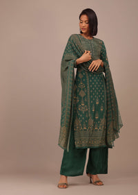 Deep Green Printed Palazzo Suit With Stonework In Crepe