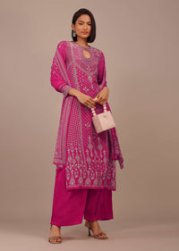 Hot Pink Printed Palazzo Suit With Stonework In Crepe