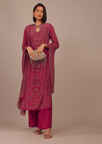 Magenta Pink Printed Palazzo Suit With Stonework In Crepe