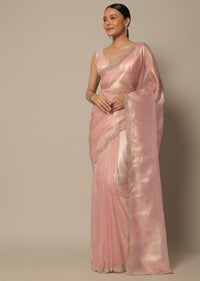 Peach Organza Tissue Saree With Bead Work And Unstitched Blouse Piece