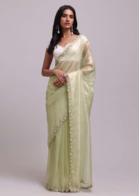 Powder Green Foil Saree In Tissue With Embroidered Borders