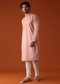 Peach Pink Sequins Embroidered Kurta Set In Silk