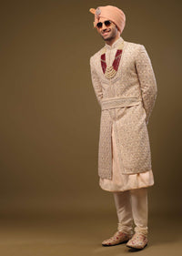 Champagne Brown Silk Sherwani Set With Hand Embroidery