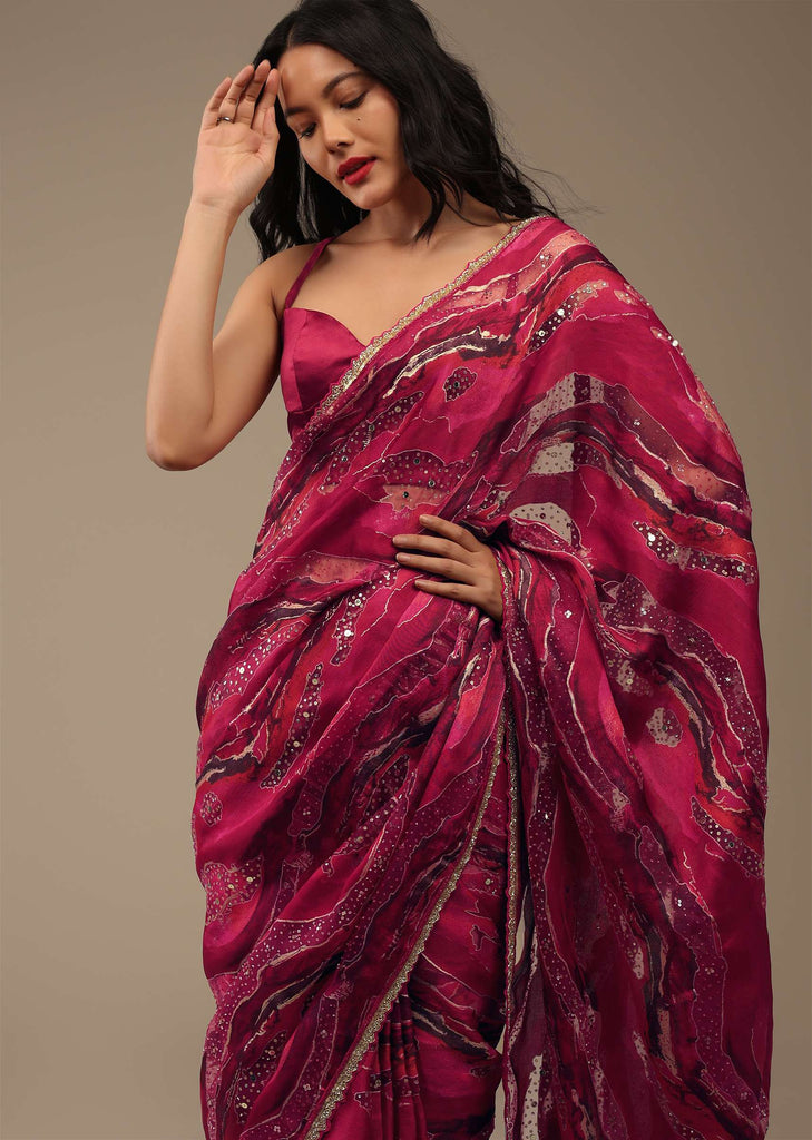 Hot Pink Saree In Crepe Organza With Marble Foil Print And Sequins Embroidery