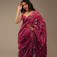 Hot Pink Saree In Crepe Organza With Marble Foil Print And Sequins Embroidery