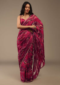 Hot Pink Saree In Crepe Organza With Marble Foil Print And Sequins Embroidery