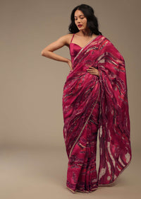 Hot Pink Saree In Crepe Organza With Marble Foil Print And Sequins Embroidery