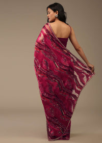 Hot Pink Saree In Crepe Organza With Marble Foil Print And Sequins Embroidery