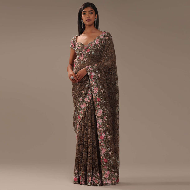 Chocolate Brown Lace Fabricated Saree With 3D Embroidery