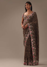 Chocolate Brown Lace Fabricated Saree With 3D Embroidery