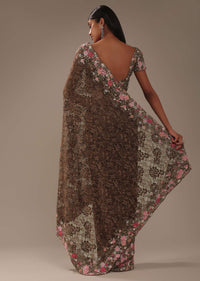 Chocolate Brown Lace Fabricated Saree With 3D Embroidery