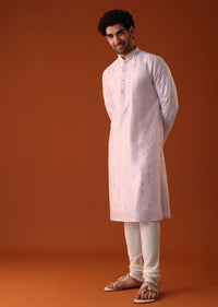 Powder Pink Kurta Set With Abla Mirror Work In Silk