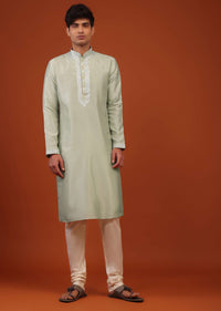 Aqua Green Silk Kurta Set With Gotta Embroidered Yoke