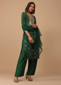 Deep Green Gotta Embroidered Bandhani Printed Georgette Palazzo Suit With Chiffon Dupatta