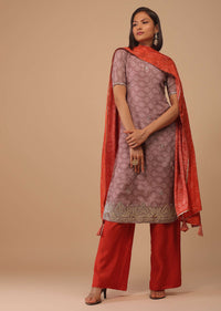 Lavender Purple Bandhani Printed Cotton Palazzo Suit With Embroidery