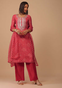 Valentine Red Embroidered Bandhani Printed Cotton Palazzo Suit With Leheriya Dupatta