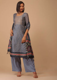 Airforce Blue Embroidered Leheriya Printed Chanderi Palazzo Suit With Printed Dupatta