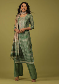 Mint Green Printed Palazzo Suit In Chanderi With Embroidery