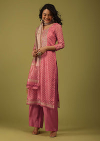 Sunkist Coral Pink Printed Palazzo Suit In Chanderi With Embroidery