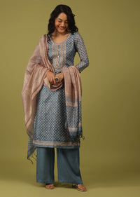 Adriatic Blue Printed Palazzo Suit In Chanderi With Embroidery