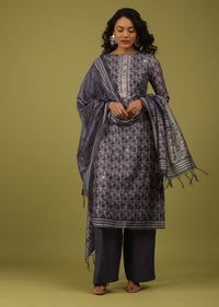 Crown Blue Grey Printed Palazzo Suit In Chanderi With Embroidery