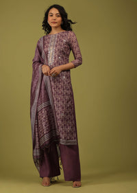 Oxblood Red Printed Palazzo Suit In Chanderi With Embroidery