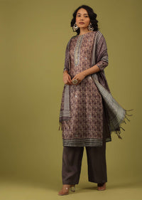 Deep Taupe Brown Printed Palazzo Suit In Chanderi With Embroidery