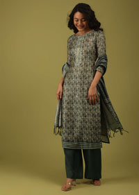 Balsam Green Printed Palazzo Suit In Chanderi With Embroidery