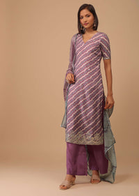 Mauve Purple Embroidered Leheriya Printed Cotton Palazzo Suit With Printed Dupatta