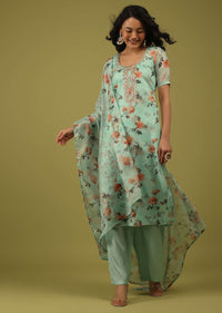 Cabbage Green Vintage Floral Printed Palazzo Suit Set In Cotton Silk