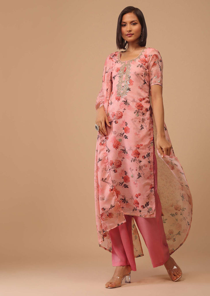 Rouge Pink Gotta Embroidered Floral Palazzo Suit In Kota Doriya