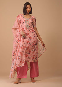 Rouge Pink Gotta Embroidered Floral Palazzo Suit In Kota Doriya