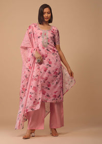 Rouge Pink Gotta Embroidered Floral Palazzo Suit In Kota Doriya