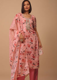 Rouge Pink Gotta Embroidered Floral Palazzo Suit In Kota Doriya