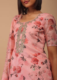 Rouge Pink Gotta Embroidered Floral Palazzo Suit In Kota Doriya