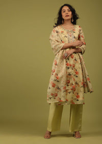 Mellow Yellow Vintage Floral Printed Palazzo Suit Set In Cotton Silk