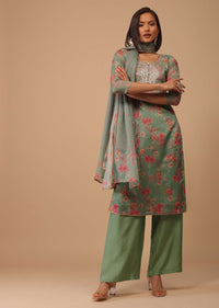 Moss Green Gotta Embroidered Floral Palazzo Suit In Kota Doriya