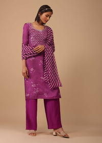 Grape Purple Embroidered Bandhani Printed Cotton Palazzo Suit With Leheriya Dupatta