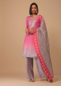 Rose Pink Carnation Embroidered Bandhani Printed Cotton Palazzo Suit With Leheriya Dupatta