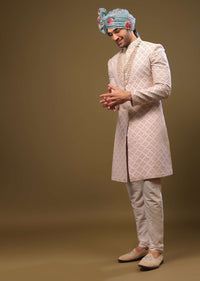 Onion Pink Lucknowi Sherwani Set With Zari And Stonework