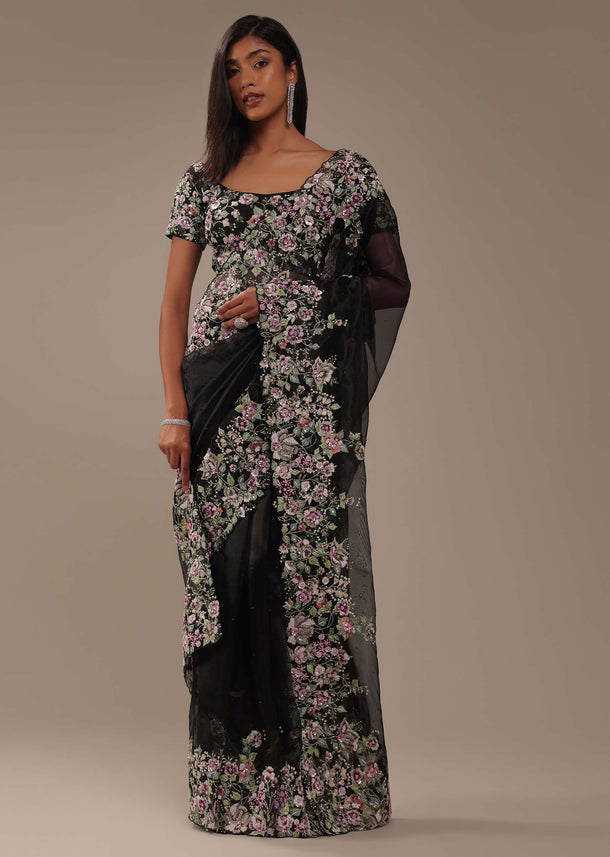 Black Organza Saree With 3D Flower Embroidery