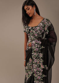 Black Organza Saree With 3D Flower Embroidery