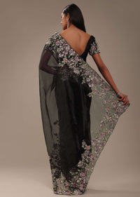 Black Organza Saree With 3D Flower Embroidery