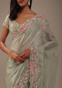 Moss Green Tissue Silk Saree With Floral Embroidery