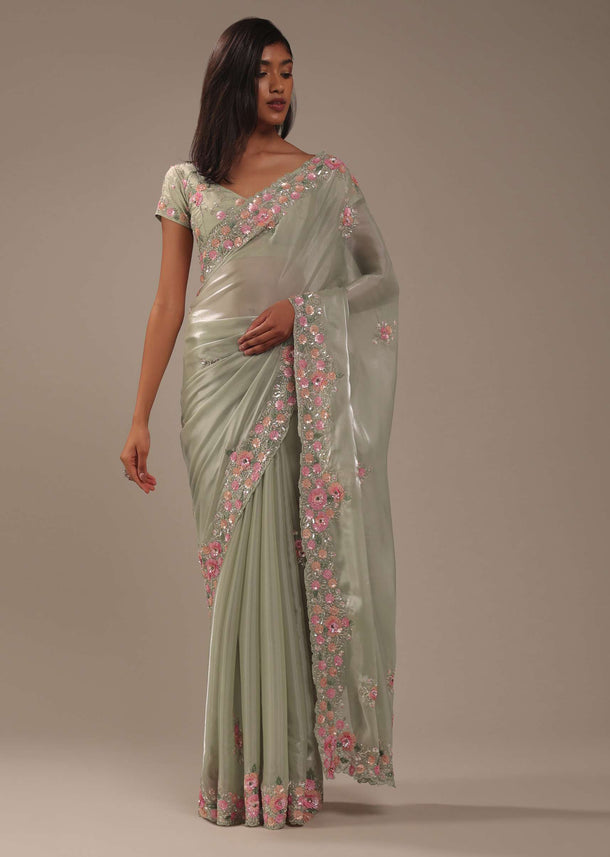Moss Green Tissue Silk Saree With Floral Embroidery